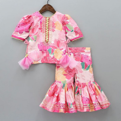 Petal Magic Frock & Bell Bottom Set for Girls – Floral Festive Wear